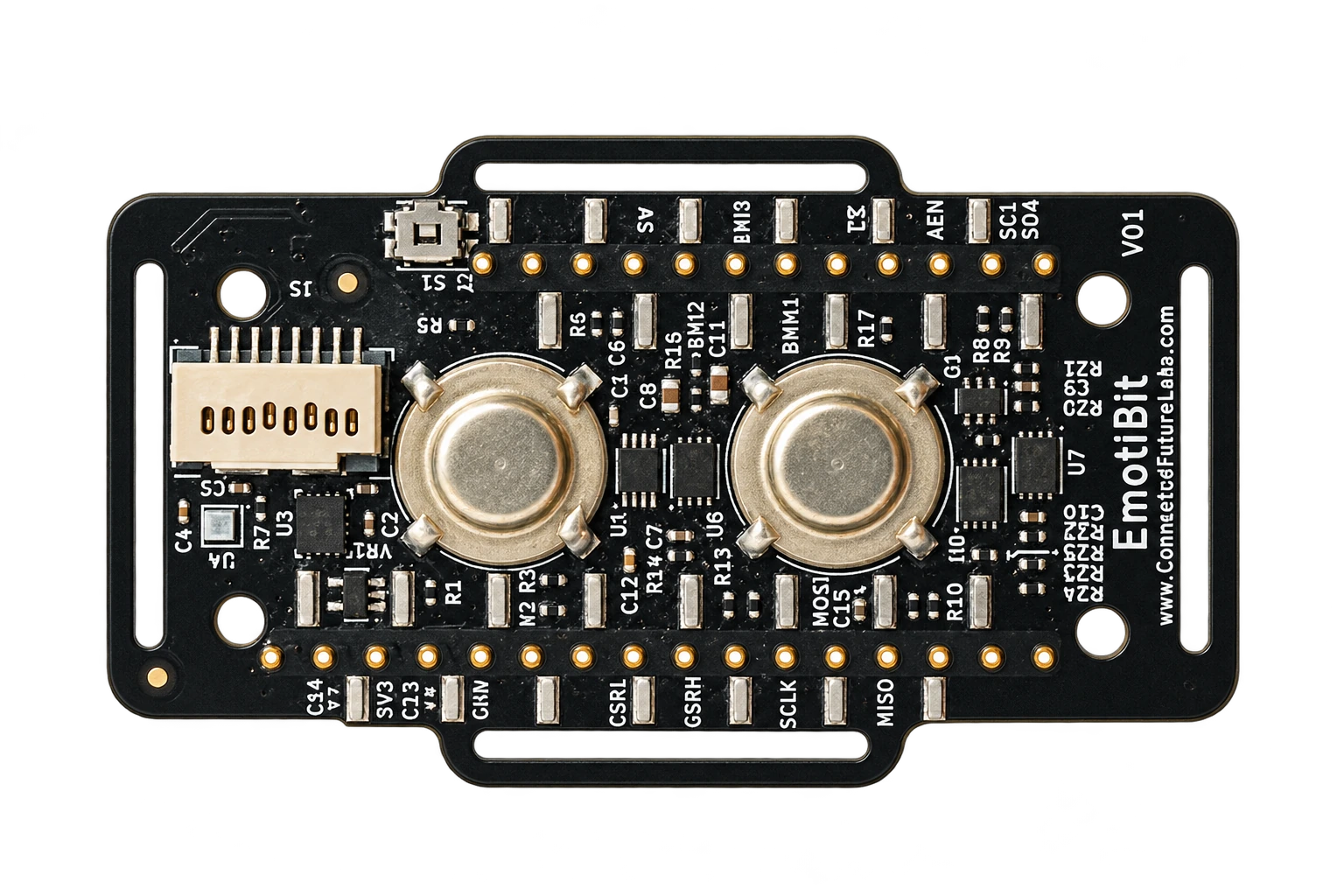 A compact EmotiBit physiological sensor board with two circular electrodes
