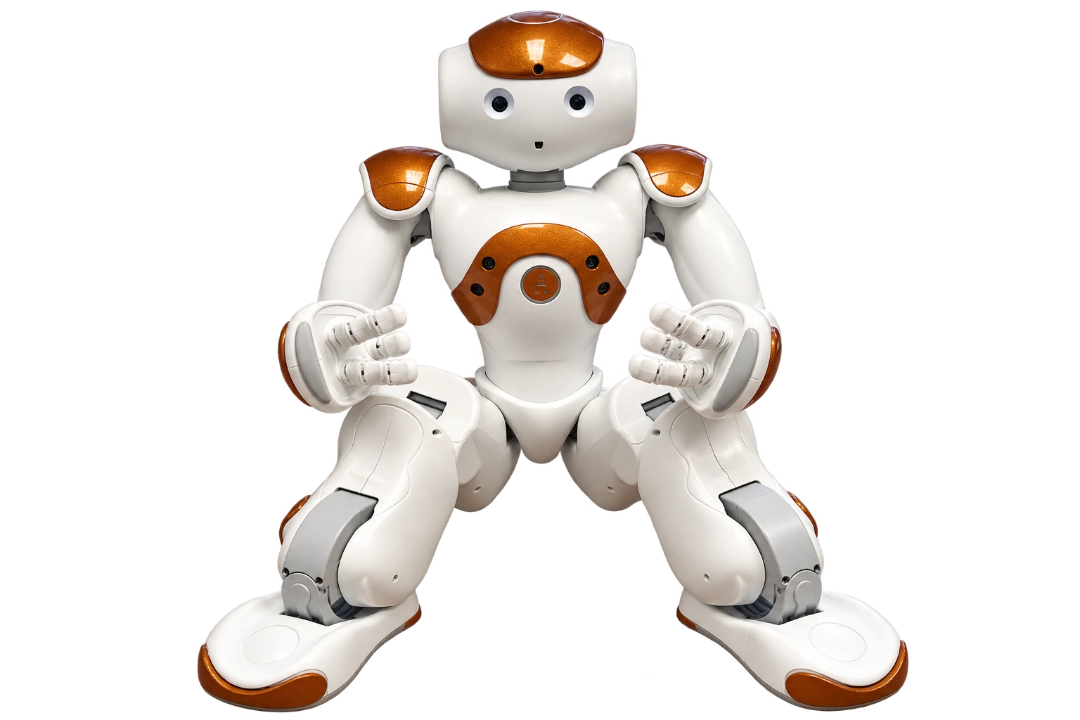 The HI Lab's white and bronze NAO humanoid robot in an upright crouching stance